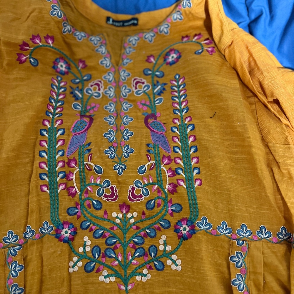 Embroidered Long Sleeve Dress - Mustard